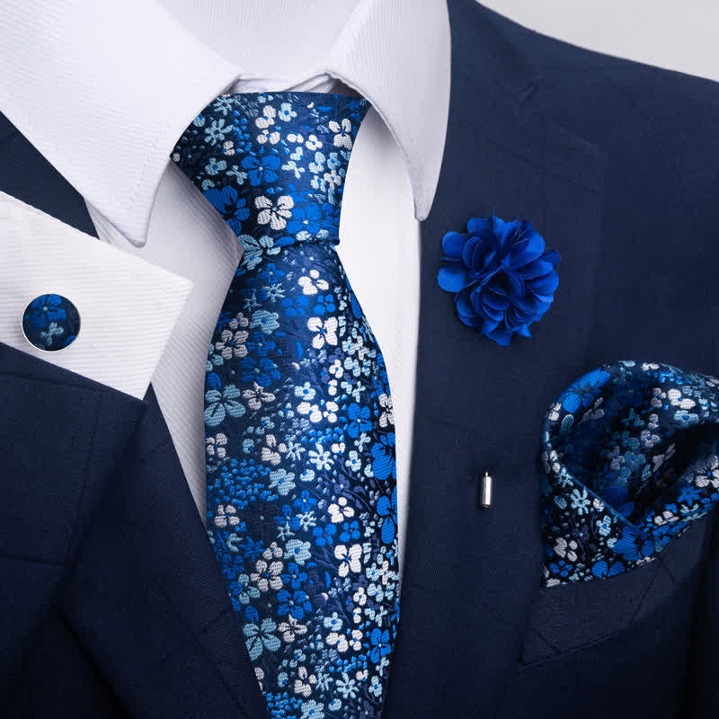 4Pcs Men's Blue Series Floral Striped Necktie Set