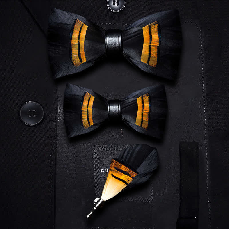 Kid's Black & Orange Midnight Feather Bow Tie with Lapel Pin