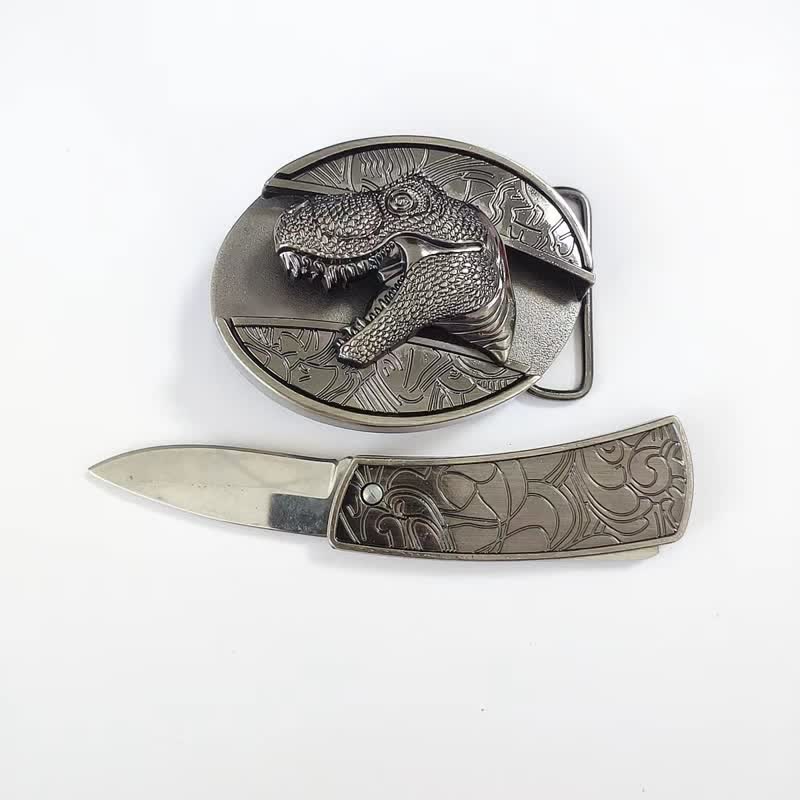 Men's DIY Dinosaur Hidden Folding Knife Leather Belt