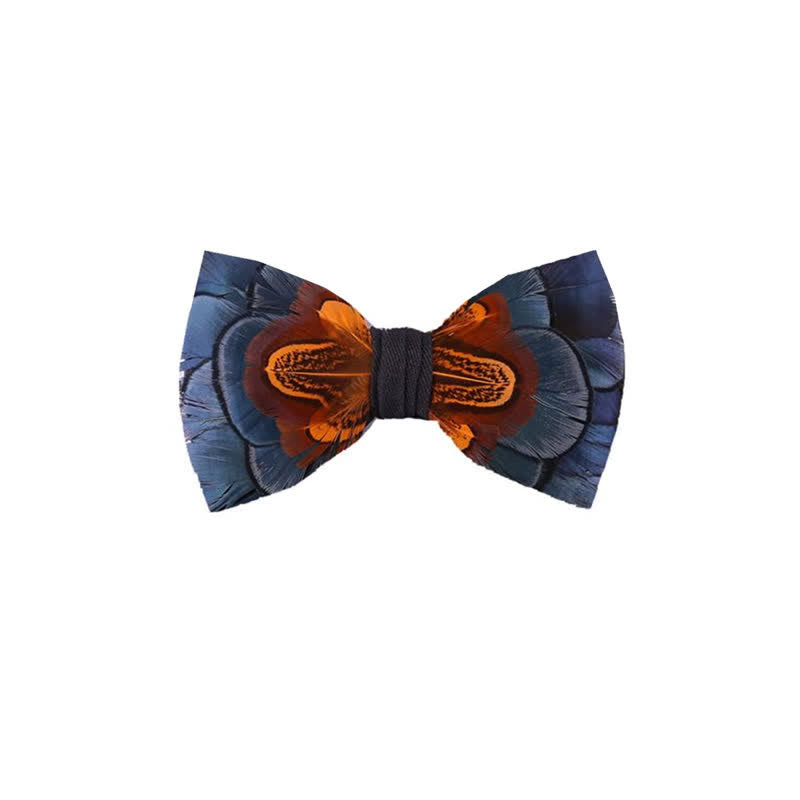 Navy & Rust Feather Bow Tie with Lapel Pin