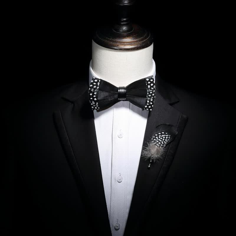 Kid's Black Polka-dotted Feather Bow Tie with Lapel Pin