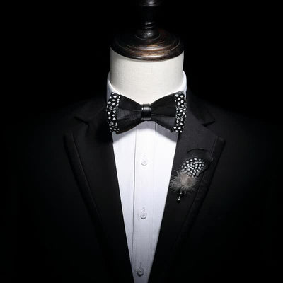 Black Polka-dotted Feather Bow Tie with Lapel Pin