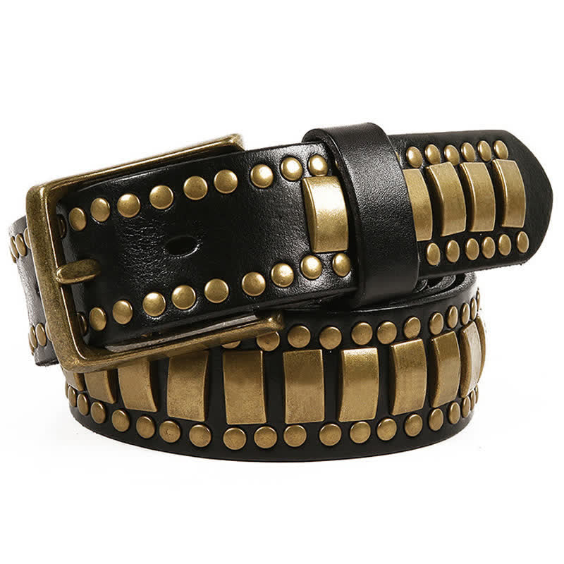 Men's Antique Gold Round Square Rivets Leather Belt