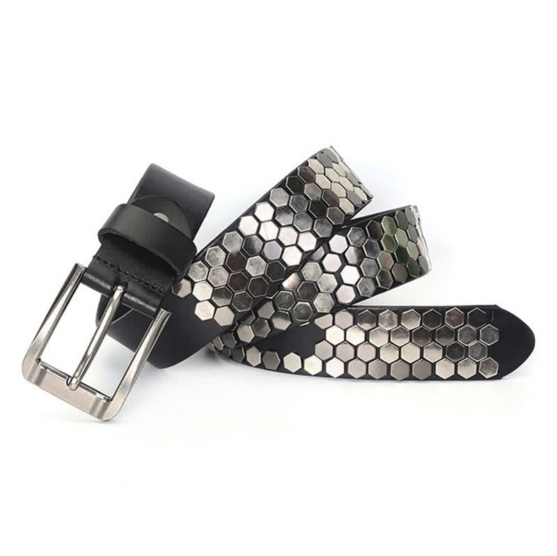 Unisex Hexagonal Rivet Studded Leather Belt