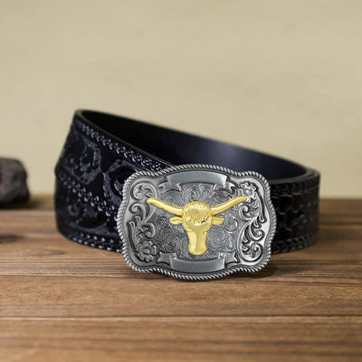 Men's DIY Gold Carving Animal Buckle Leather Belt