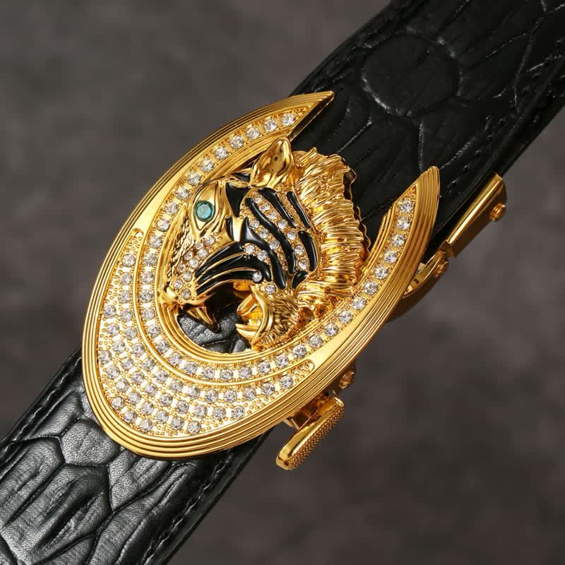 Men's Golden Tiger Buckle Crocodile Pattern Leather Belt