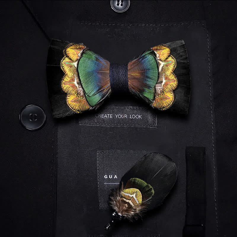 Kid's Black & Yellow-green Feather Bow Tie with Lapel Pin