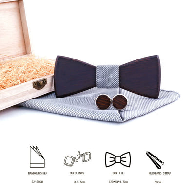 3Pcs Men's Classic Retro Black Wooden Bow Tie Set