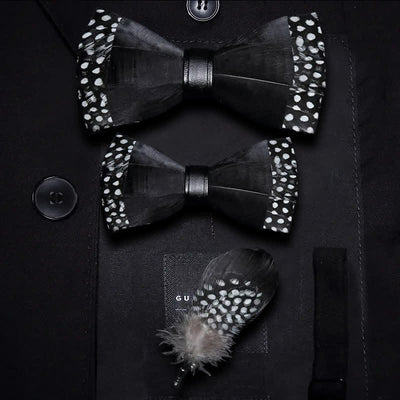 Black Polka-dotted Feather Bow Tie with Lapel Pin