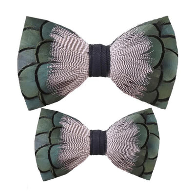 Green & White Mallard Duck Feather Bow Tie with Lapel Pin