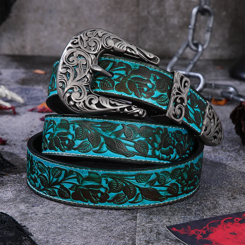 Floral Leaves Retro Hollow Buckle Leather Belt