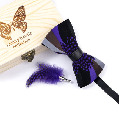 Elegant Purple Feather Bow Tie with Lapel Pin