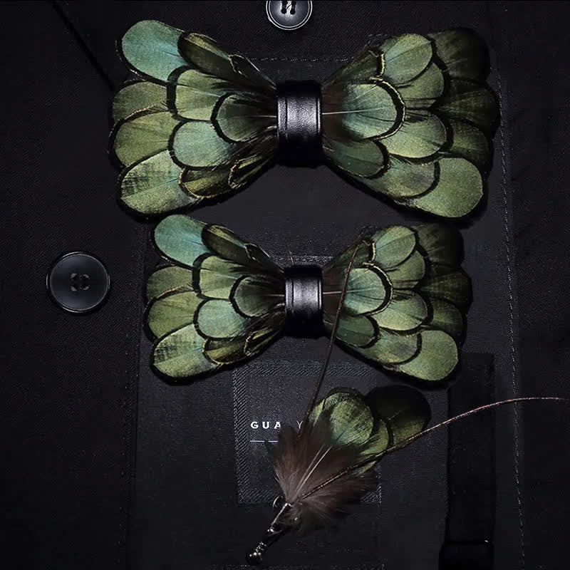 DarkOliveGreen Classic Feather Bow Tie with Lapel Pin