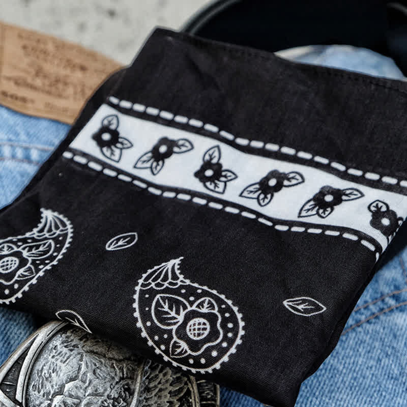 Black Tiny Paisley Square Scarf with Leather Lion Scarf Buckle