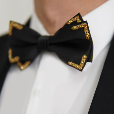 Men's Gold Wheat Embellishment Black Bow Tie