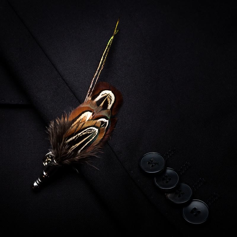 Brown Pheasant Feather Bow Tie with Lapel Pin