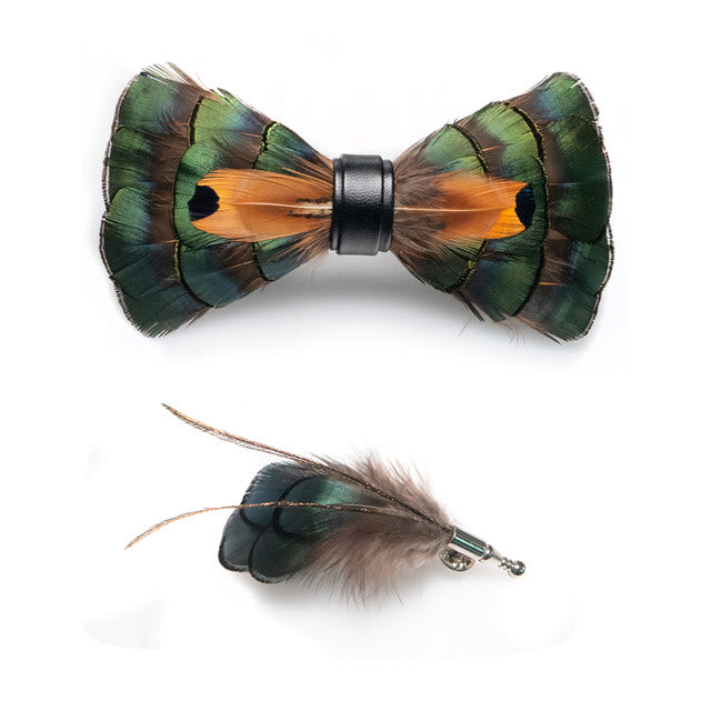 Kid's Emerald Green & Gold Feather Bow Tie with Lapel Pin