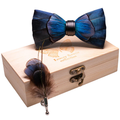 Kid's Cascading Navy Feather Bow Tie with Lapel Pin