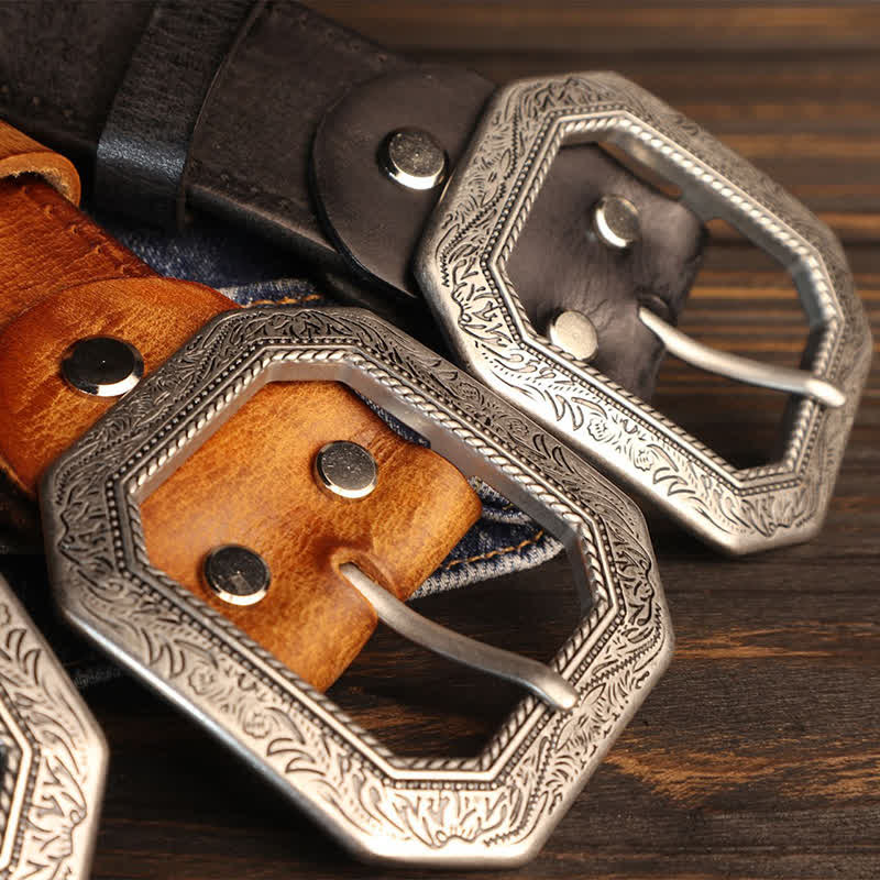 Men's Square Floral Engraved Buckle Distressed Leather Belt