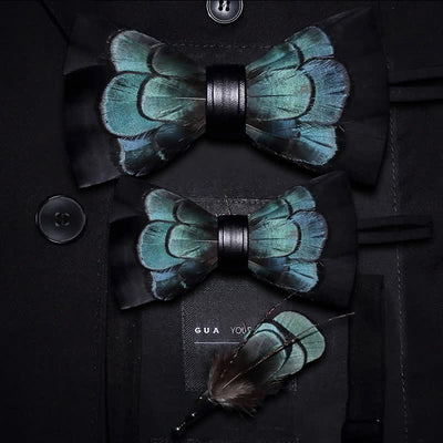 Kid's Black & Green Exquisite Feather Bow Tie with Lapel Pin