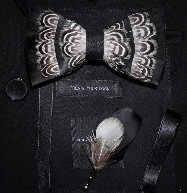 Kid's Black & White Tiger Stripes Feather Bow Tie with Lapel Pin