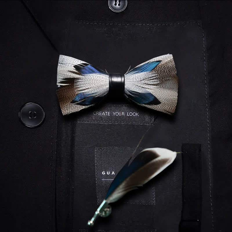 Kid's Brown & Blue Peacock Feather Bow Tie with Lapel Pin