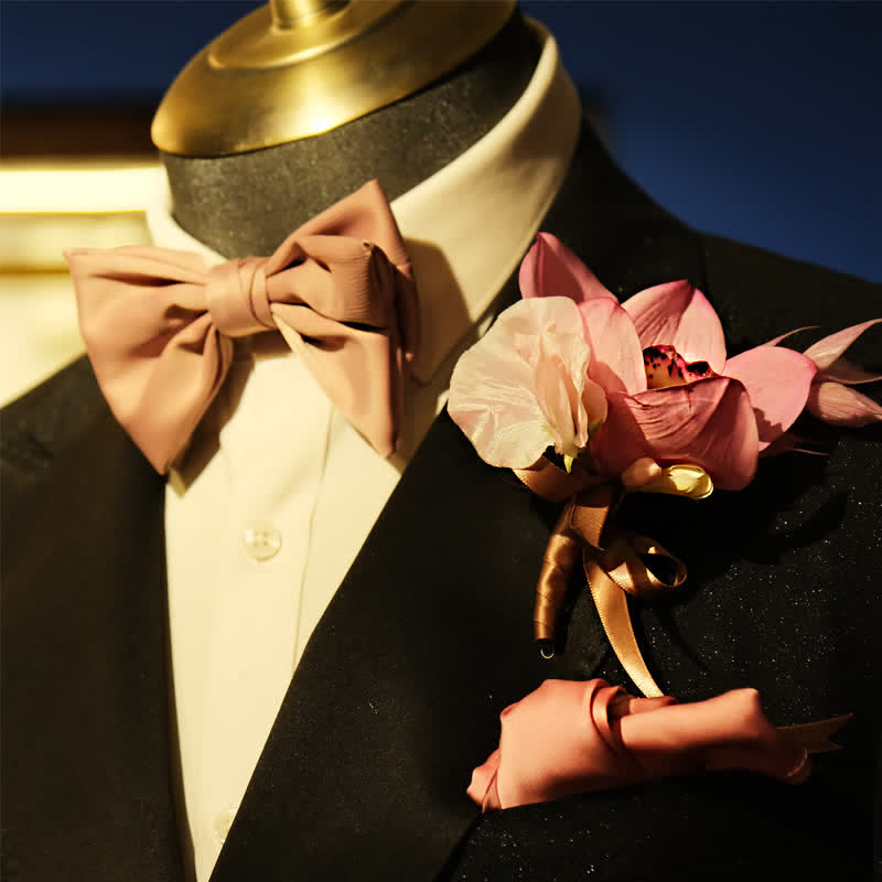 3Pcs Men's Smoky Pink Brooch Handkerchief Fishtail Bow Tie Set