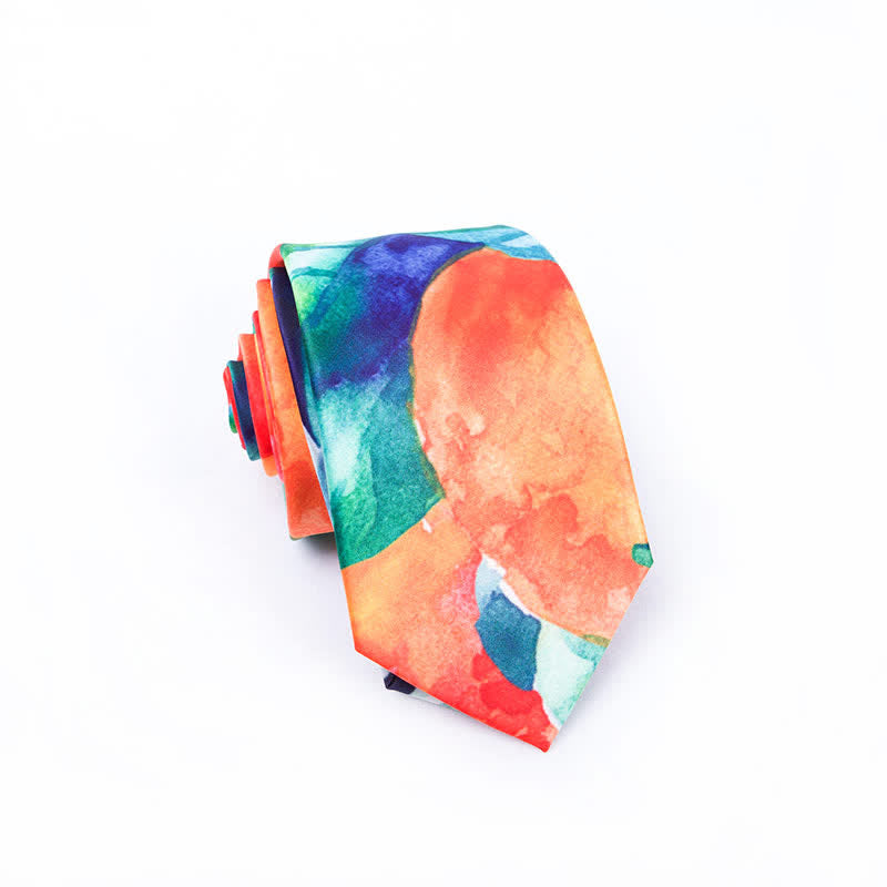 Men's Orange Green Leaves Art Printed Necktie