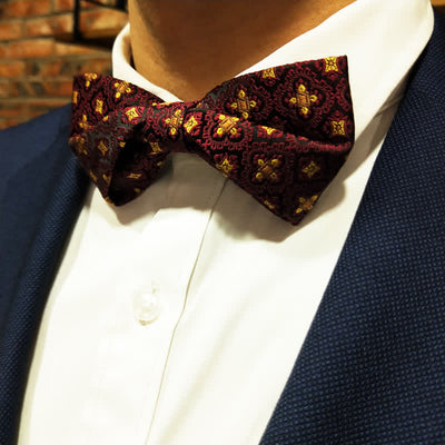 Men's Dark Red & Gold Embroidery Oversized Pointed Bow Tie
