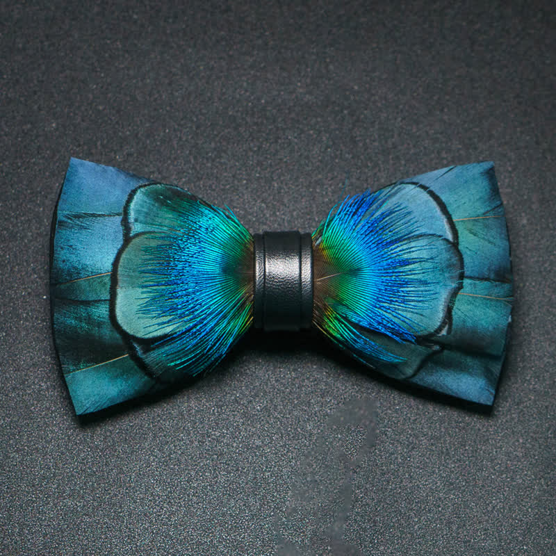 Lustrous Blue Feather Bow Tie with Lapel Pin