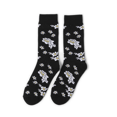 Men's Little White Daisy Black Crew Socks