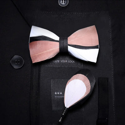 Pale Pink & White Wavy Feather Bow Tie with Lapel Pin