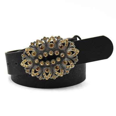 Women's Artificial Crystal Hollow Flower Buckle Leather Belt