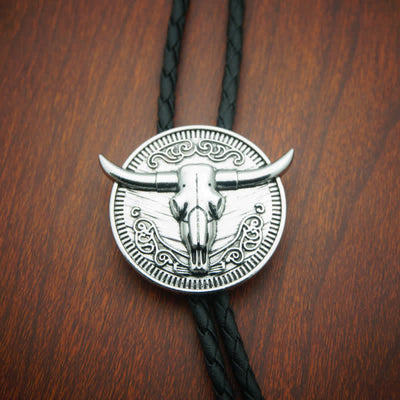 Cow Head Longhorn Bull Cowboy Leather Bolo Tie