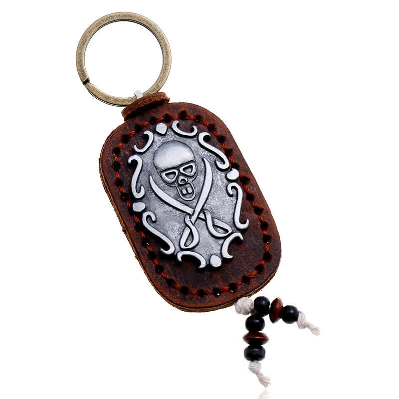 Double Swords Skull Pendant Leather Keychain