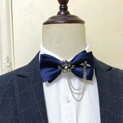 Men's Silver Metal Crown & Cross Chain Bow Tie