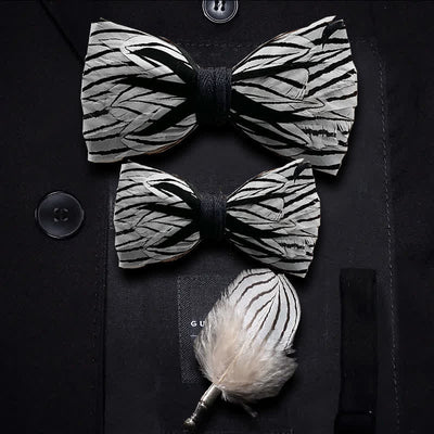 Black & White Zebra Stripe Feather Bow Tie with Lapel Pin