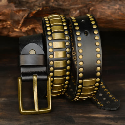 Men's Antique Gold Round Square Rivets Leather Belt