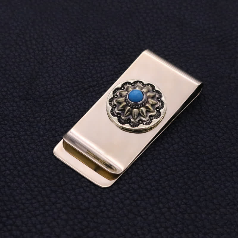 Little Flower Faux Turquoise Soild Brass Money Clip