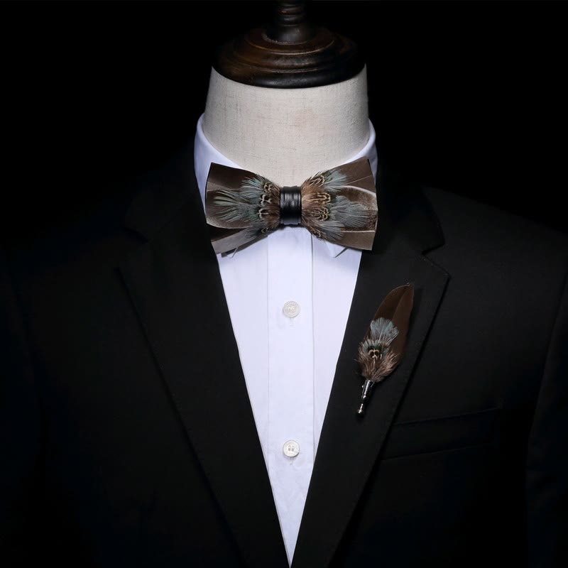 Brown Rustic Feather Bow Tie with Lapel Pin