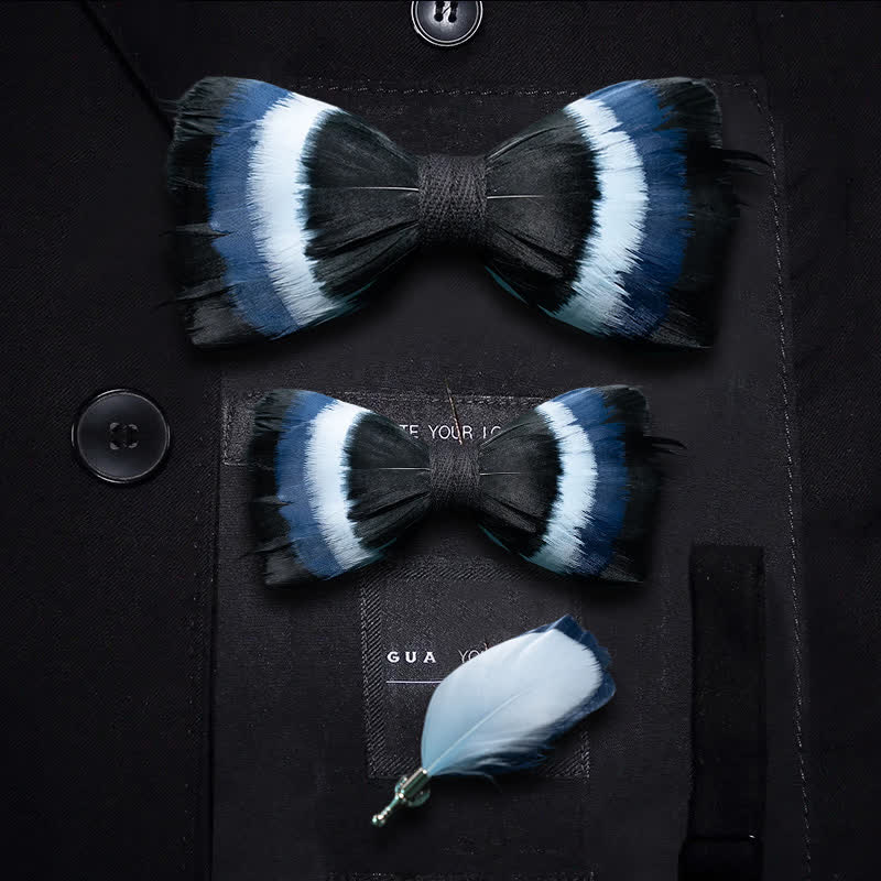 Black & Shade of Blue Feather Bow Tie with Lapel Pin