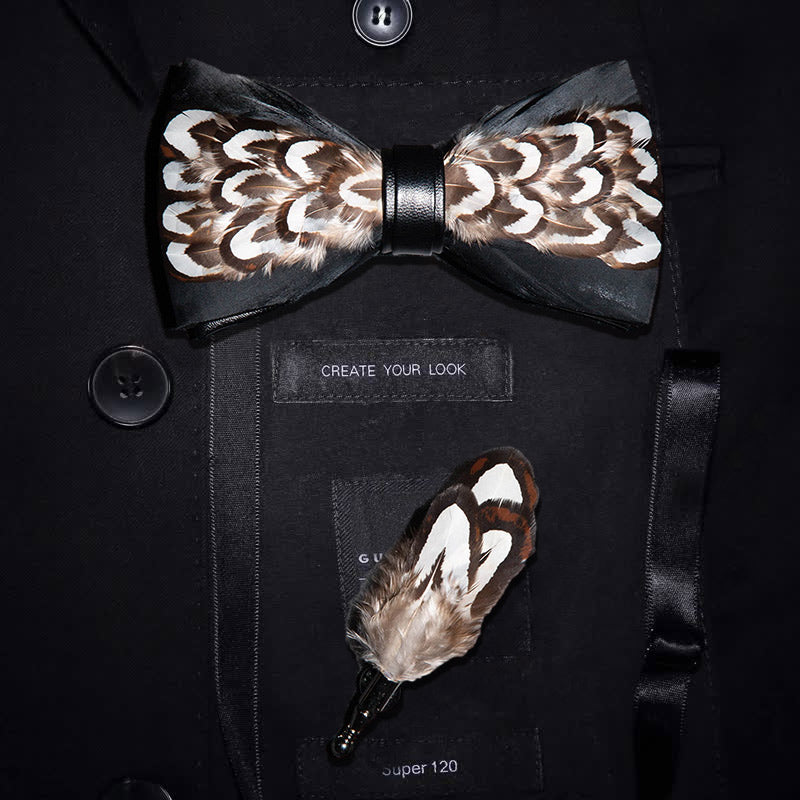 Black & Brown Desert Gobi Feather Bow Tie with Lapel Pin