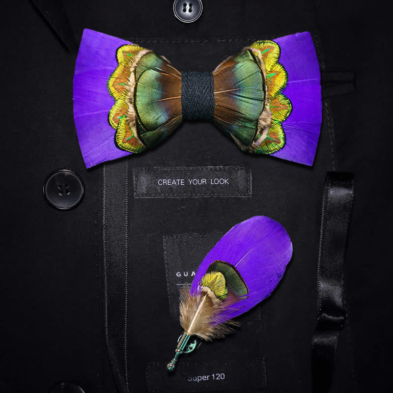 Purple & Green Royal Feather Bow Tie with Lapel Pin