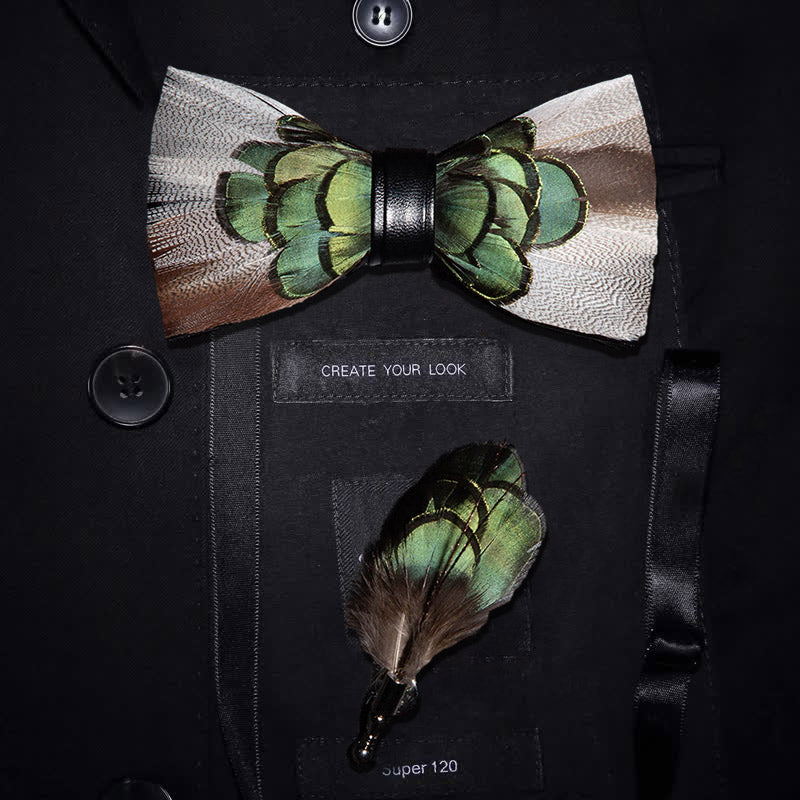 Grey & Forest Green Feather Bow Tie with Lapel Pin