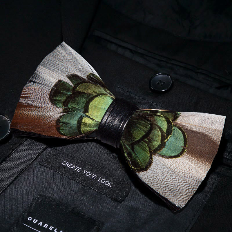 Grey & Forest Green Feather Bow Tie with Lapel Pin