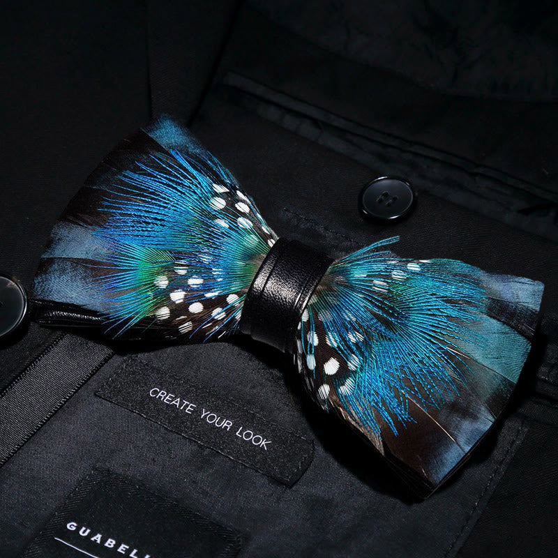 Blue & Black Peacock Feather Bow Tie with Lapel Pin