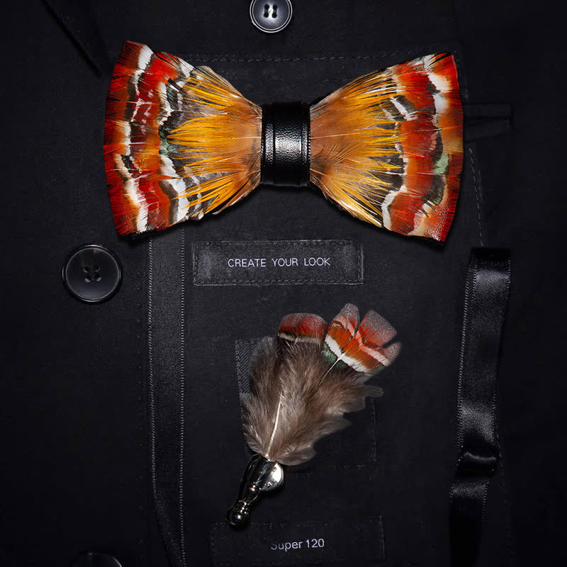 Orange & Yellow Vitality Feather Bow Tie with Lapel Pin