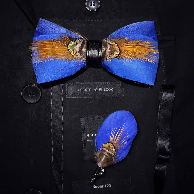 Gold & Blue Sunny Feather Bow Tie with Lapel Pin