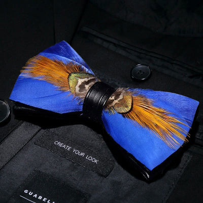 Gold & Blue Sunny Feather Bow Tie with Lapel Pin