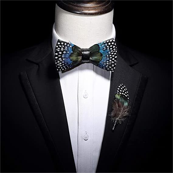 Green & Blue Polka Dots Feather Bow Tie with Lapel Pin